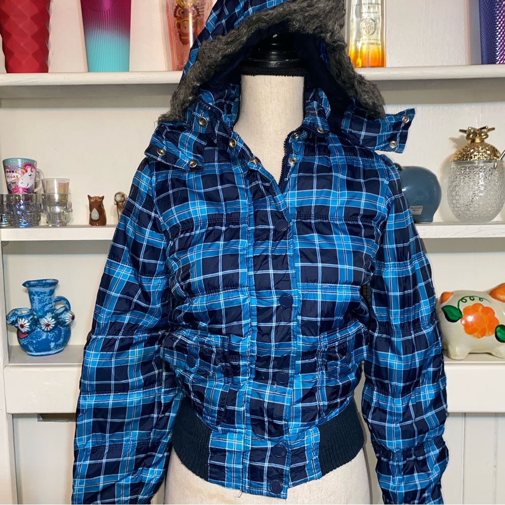 Aeropostale Y2K Womens Plaid Puffer Faux Fur Hood Full Zip Jacket‎ XS